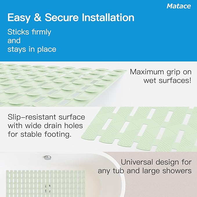 Bathtub Mat Non Slip - for Inside Bath Tub & Shower, Small 27x16 Inch, 180 Strong Suction Cups, Soft Textured Surface, Fast Drain & Quick Dry, Bathroom Safety Mat, Sage Green, Matace