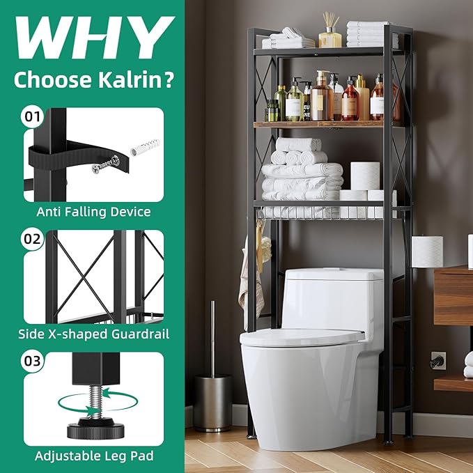 Kalrin Over The Toilet Storage with X Shape Side Guardrail, 3-Tier Over Toilet Storage Rack with Drain Basket, Freestanding Bathroom Organizer for Balcony Laundry, Vintage Brown