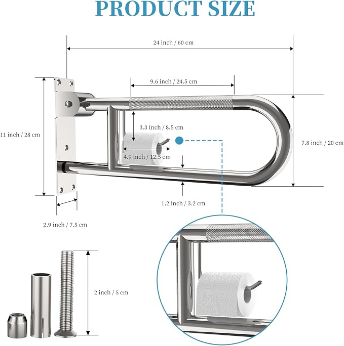 Toilet Grab Bar 24 Inch Chrome, Munzong Anti-Slip Handicap Grab Bars with Paper Holder, Flip-Up Bathroom Safety Rails, Stainless Steel Knurled Support handrails for Seniors Elderly Disabled Pregnant