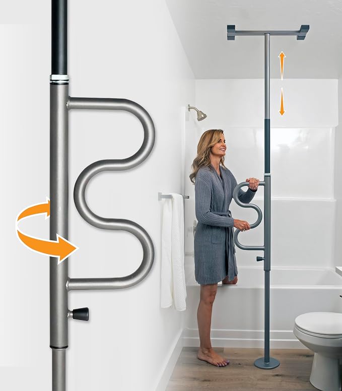 Stander Wonder Pole Plus with Rotating Double Grab Bar, Tension Mounted Security Pole for Seniors & Elderly Adults, No-Drill Floor to Ceiling Transfer Pole for Home & Bath Safety, Graphite