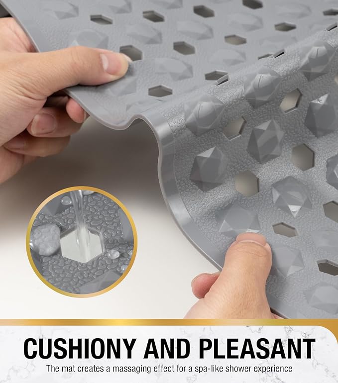 HITSLAM Non Slip Shower Stall Mat with Center Drain Hole, Diamond Textured PVC Bath Mat for Inside Shower, Machine Washable, Strong Suction Cups for Bathroom Bathtub Mat, 24x24 Inch, Grey