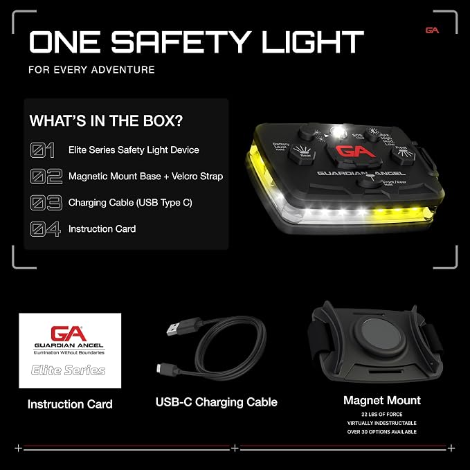 Guardian Angel Elite Series Safety Light - White/Yellow Front & White/Yellow Rear - Rechargeable, Magnetic, Hands-Free Wearable LED Light for Construction, Roadside, Utility & Industrial PPE