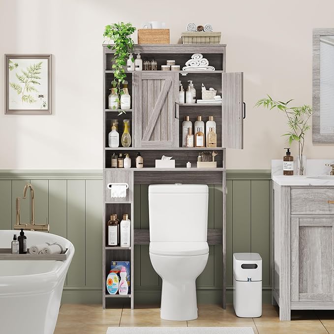 Over The Toilet Storage Cabinet with 2 Barn Doors & Built-in Toilet Paper Holder, Farmhouse Space-Saving Organizer for Bathrooms and Laundry Room, Grey