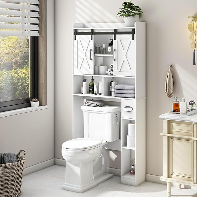 Vabches Over The Toilet Storage Cabinet, Farmhouse Storage Cabinet Over Toilet with Sliding Doors，Home Space-Saving Toilet Rack, for Bathroom, Restroom, Laundry