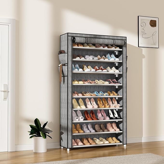LANTEFUL Shoe Rack with Covers 10 Tier Tall Shoe Rack Organizer Large Capacity Shoe Shelf Storage 40 Pairs Space Saving Free Standing Shoe Storage Organizer for Closet, Entryway, Dorm, Printing