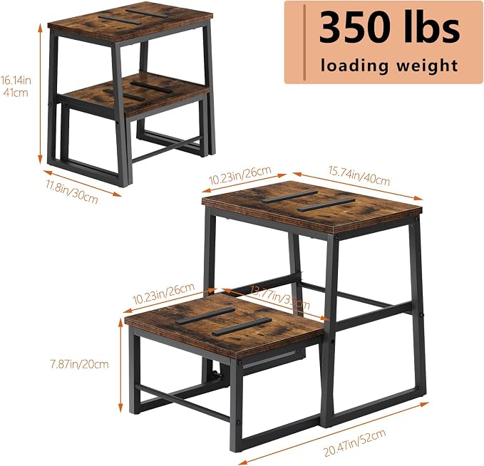 LIANTRAL 2 Step Stools for Adults & Kids, Heavy Duty 2-in-1 Stepping Stools Adjustable Retractable Wooden Stool, Metal Frame, Non-Slip Bedside Foot Stool, for Bed, Kitchen, RV Step - Rustic Brown