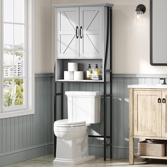 Over The Toilet Storage Cabinet, Over Toilet Bathroom Organizer with Barn Doors Above Toilet Storage Cabinet Spacesaver Rack Behind Toilet Bathroom Organizer (Gray)