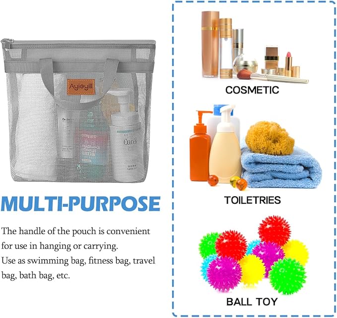 Portable Mesh Shower Caddy Tote, Quick Dry Tote Bag Mesh Beach Bags for Women, Hanging Toiletry and Bath Organizer for Travel Swimming Sports Gym Camp Shopping College Dorms (2pcs,sky Blue-Gray)