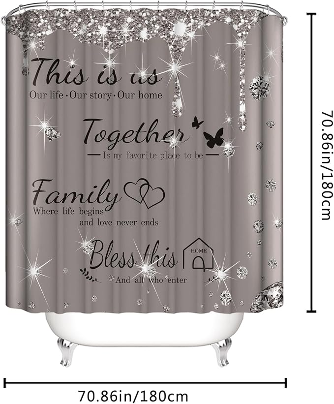 4Pcs Family Shower Curtain Sets with Non-Slip Rugs, Toilet Lid Cover and Bath Mat,Grey Glitter Diamond Home Bathroom Decor Set Accessories Waterproof Shower Curtains with 12 Hooks, 72 x 72 Inch