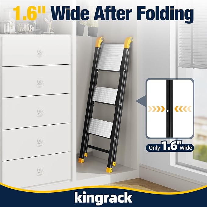KINGRACK Aluminum Step Ladder, 3 Step Ladder Folding Design, Step Stool Foldable with Safe Grip, Non-Slip Handrails, Safety Lock, Heavy Duty 330LBS for Home, Kitchen, Garage, RV, Black