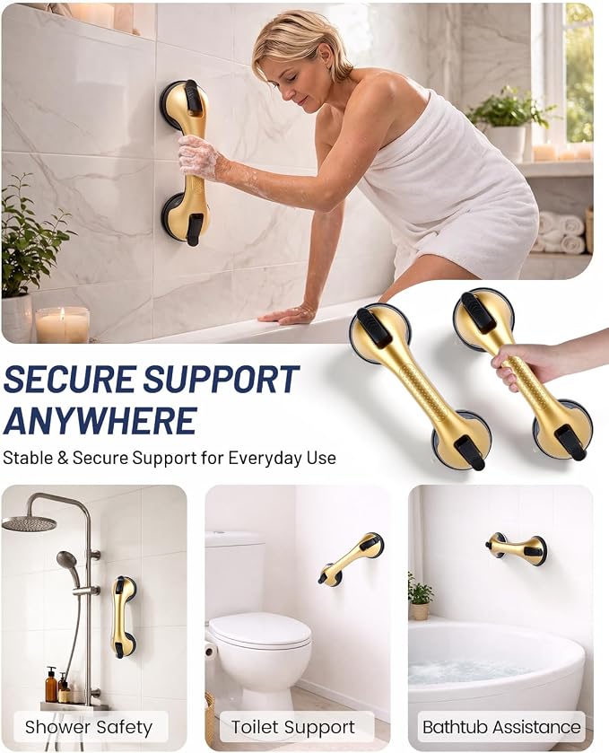 2 Pack Gel-Enhanced Suction Grab Bars for Seniors and Elderly, Heavy Duty Stable Grip Safety Bars for Bathtubs and Showers, No Drill Removable Bathroom Handles for Tub and Shower Support