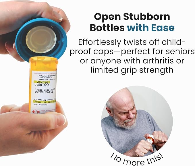 Jokari Easy Open Medicine Bottle Opener with 4x Magnifier for Seniors and Arthritis Built-in Cap Grip Tool for Pill Bottles Prescription Labels Vitamins and Supplements