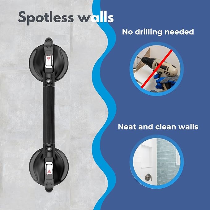 Heavy Duty Grab Bar with Large Suction Cups for Shower and Bathtub, Easy Tools-Free Installation & Removal, Safety with Compression Loss Warning, Useable on Diffrent Surfaces (Black, 19 Inches)