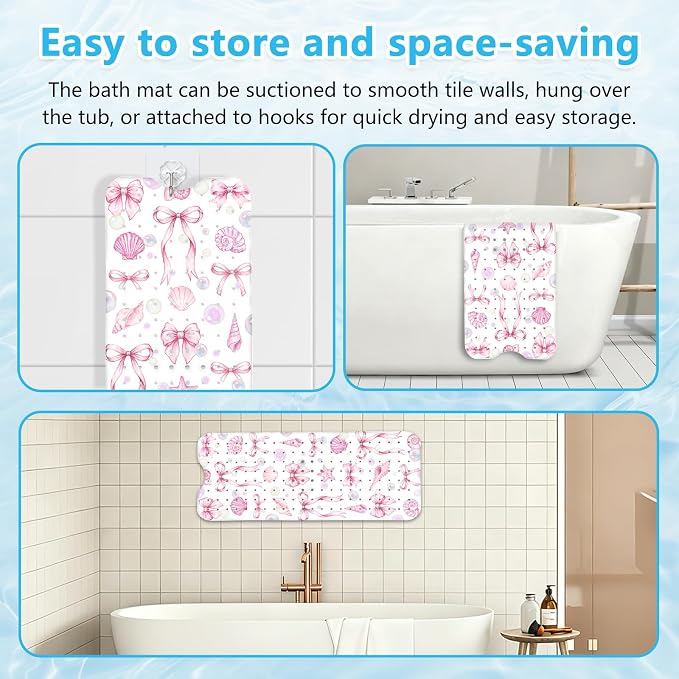 Bath Mat for Tub Non Slip, Cute Bow Bathtub Mats for Girls Non Slip Shower Mat, Machine Washable 40"x16" Long Pink Tub Mats with Suction Cups and Drain Holes for Toddler & Women, Bathroom Decor(Bows)