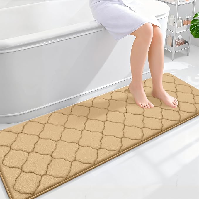 OLANLY Memory Foam Bath Mat Rug 59x20, Ultra Soft and Absorbent Bathroom Rugs, Non-Slip, Comfortable, Machine Washable Bath Carpet for Bathroom Floor, Tub Shower and Home Decor Accessories, Dark Beige