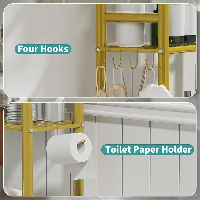3-Tier Over The Toilet Storage Organizer, Space-Saving Bathroom Rack with Paper Holder & 4 Hooks, 64" Tall Freestanding Carbon Steel Shelf for Small Apartment Laundry Room (Gold)