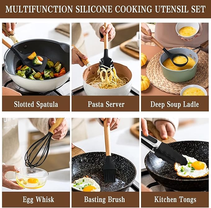 Kitchen Utensils Set- 34PCS Silicone Cooking Utensil with Holder, Umite Chef Heat Resistant Kitchen Spatula Set for Nonstick Cookware, Black Wooden Handles Kitchen Gadgets Tools Set