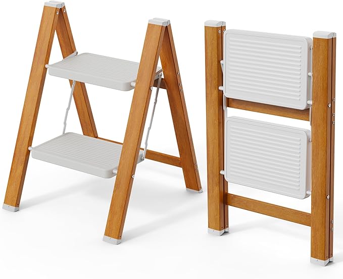 HBTower Step Ladder, Aluminum Foldable Step Stool with Anti-Slip Wide Pedal, Lightweight Step Ladder for Home Kitchen Office - WhiteWoodgrain