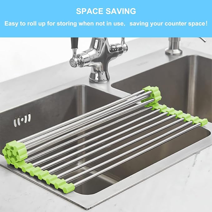 Seropy Roll Up Dish Drying Rack Over The Sink Drying Rack for Kitchen Counter, Rolling Dish Rack Over Sink Mat, Foldable Dish Drainer Stainless Steel Rack Kitchen Organization Green 17.5"x11.8"
