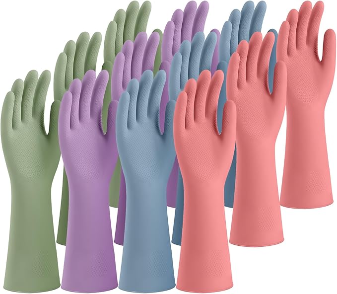 Rubber Cleaning Gloves for Dishwashing, 12 Pairs Reusable Kitchen Gloves for Washing Dishes and Household Cleaning, Colorful Gloves with Flocked Lining and Non-Slip Grip, Perfect for Women Men - M