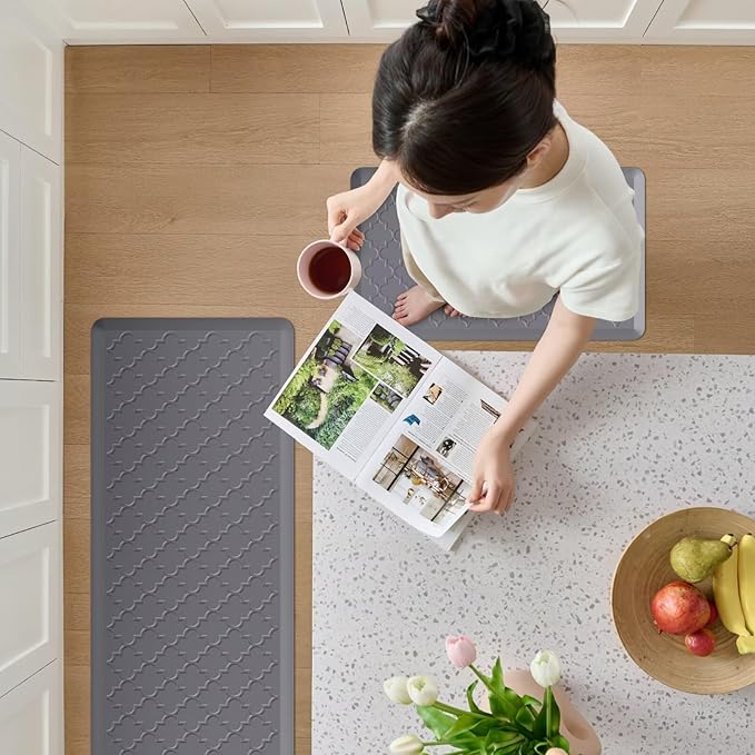 Kitchen Mats for Floor 2 Piece - Anti Fatigue Mats for Kitchen Floor - Non Slip Cushioned Rugs for Standing, Office, Sink, Laundry, Grey