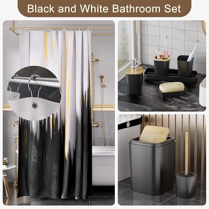 XLHOMO Black Bathroom Accessories Set - 24PCS Bathroom Sets with Shower Curtain and Rugs,Waterproof Black and White Shower Curtain Set, Toilet Brush, Trash Can & Soap Dispenser