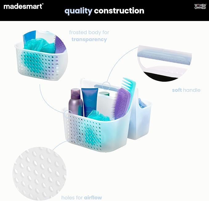 madesmart Large Shower Tote with Soft Grip Handle, Frosted Blue | Plastic basket, dorm bathrooms, shampoo, soap, razors, cleaning supplies, under sink storage