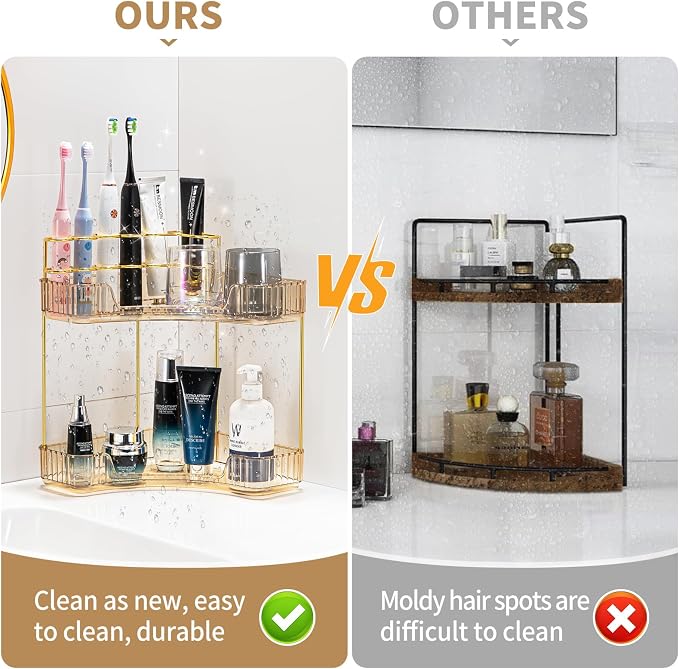 shuang qing Upgraded 2-Tier Corner Bathroom Countertop Organizer – Spacious Storage for Makeup, Skincare & Perfumes, Built-in Brush Holder Fits Vanity/Dresser/Bsthtub (Vintage Gold)