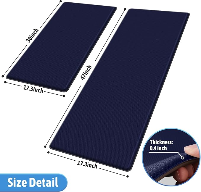 StepLively Kitchen Mat, 2 PCS Kitchen Rugs, Cushioned Kitchen Mats for Floor, Anti Fatigue Kitchen Rug Set, Non-Skid Standing Mat for Kitchen, Office, Sink, 17.3"×30"+17.3"×47", Blue