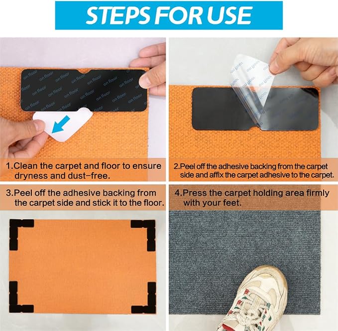 Rug Gripper for Hardwood Floors: 24 PCS No Damage Rug Tape - Anti Slip Rug Grips for Area Rugs – Secure Carpet Tape for Wood Floors, Safe & Strong Hold
