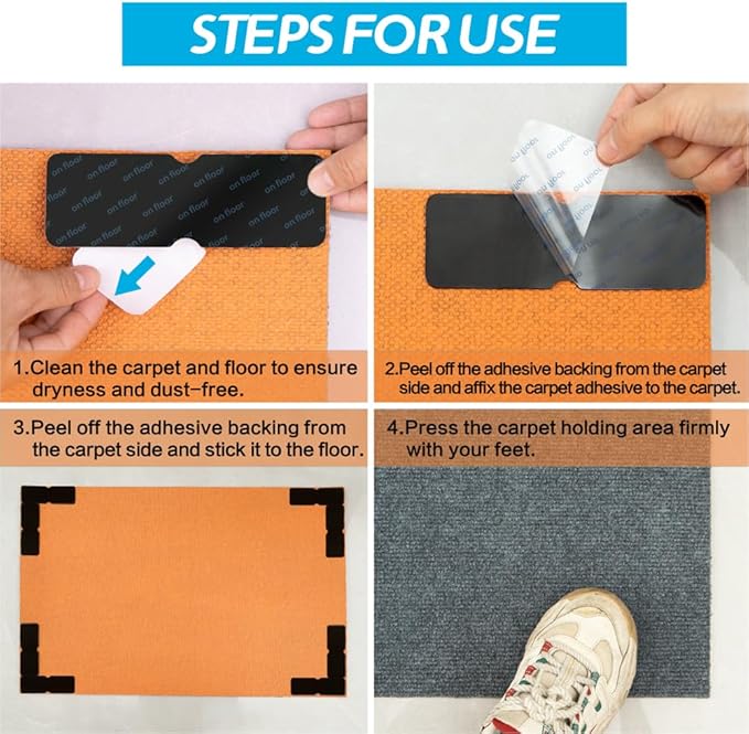 Rug Gripper for Hardwood Floors: 8 PCS No Damage Rug Tape - Anti Slip Rug Grips for Area Rugs – Secure Carpet Tape for Wood Floors, Safe & Strong Hold (8)