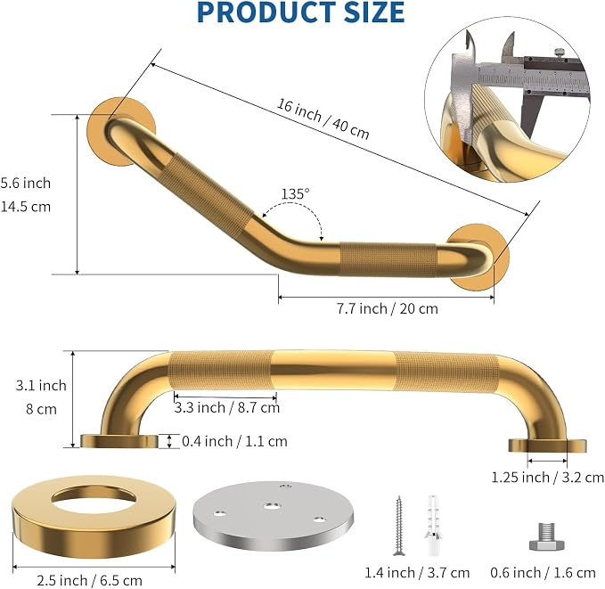16 Inch Munzong Shower Grab Bars for Seniors, Gold Angled Anti Slip Grab Bars for Bathtubs and Showers Safety Hand Rail Support Handicap Elderly Injury Senior Assist Bath Handle