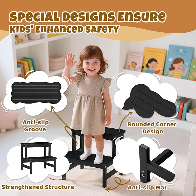 COSYLAND Step Stool for Toddlers - Two Step Stools Toddler 300 lbs Capacity with Safety Non-Slip Design, Natural Step Stool for Bathroom, Kitchen Dual Height Step Stools for Kids Black
