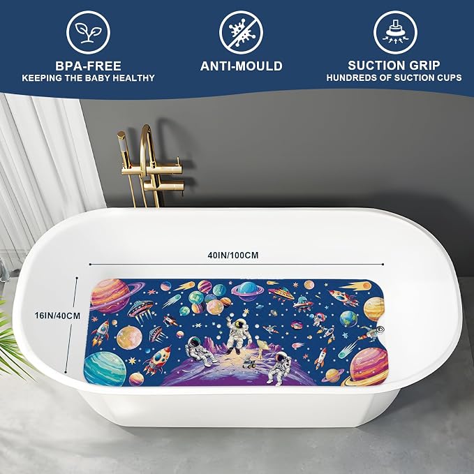 XIYUNTE Baby Bath Mat for Tub Non Slip Kids, BPA Free Extra Long Bathtub Mat 40x16 with Drain Holes and 200 Suction Cups, Non Toxic Machine Washable Toddler Bath Mat, Eco-Friendly Certified