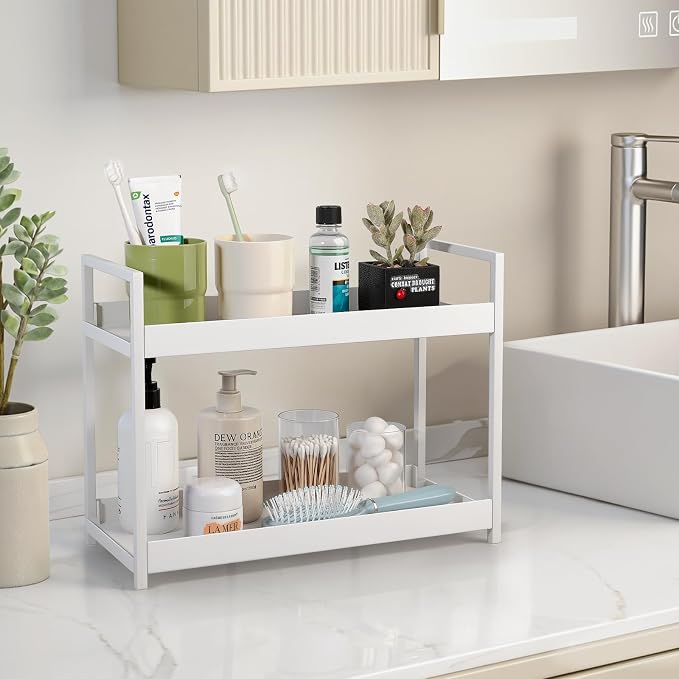 Bathroom Counter Organizer 2 Tier Vanity Storage Countertop Shelf Makeup Organizer Perfume Tray Skincare Holder for Sink, Dresser, Kitchen, Large White