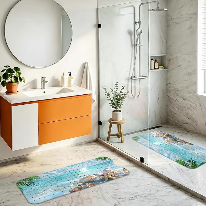 Girls Bath Mat for Tub Non Slip, Nature Aesthetic Bathtub Mats for Girls, Machine Washable, Sandy Beach Tub Mats with Suction Cups and Drain Holes for Kids, Non Slip Shower Mat Nature Bathroom Decor