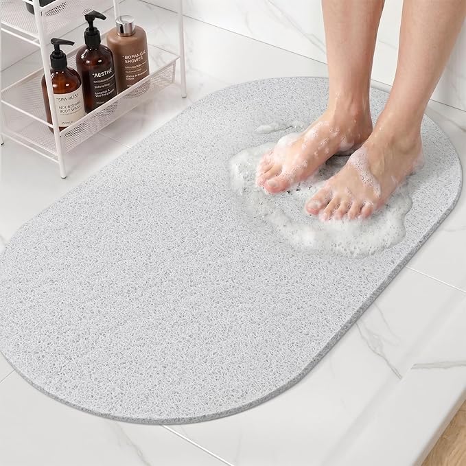 HITSLAM Oval Loofah Shower Mat Non Slip, 27x16 Inch Bath Mat for Textured Tub & Inside Shower Stall, No Suction Cups Quick Drying PVC Porous Floor Mat, Soft Foot Exfoliating Bathtub Mat, White