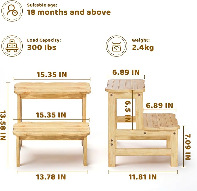 COSYLAND Step Stool for Toddlers - Two Step Stools Toddler 300 lbs Capacity with Safety Non-Slip Design, Natural Step Stool for Bathroom, Kitchen Dual Height Step Stools for Kids Natural