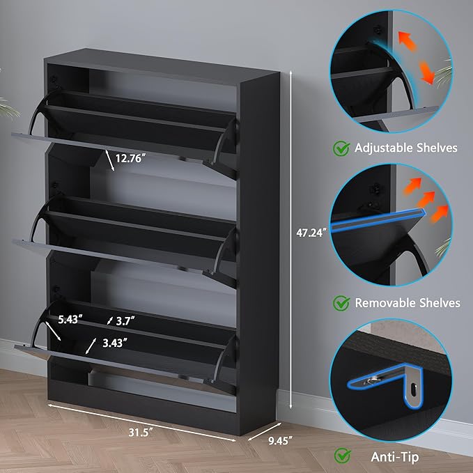 BORNOON Shoe Cabinet with 3-Flip Mirror Drawers, Freestanding Shoe Rack Organizer with Hidden Handle, Slim Narrow Shoe Storage Cabinet for Entryway, Entrance, Hallway, Bedroom