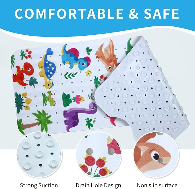 Baby Bath Mat for Tub Non Slip Kids Bathtub Mat Extra Long 40X16 Inch Toddler Bath Tub Shower Mat Anti Slip with Suction Cups & Drain Holes, Machine Washable (Forest Dinosaur)