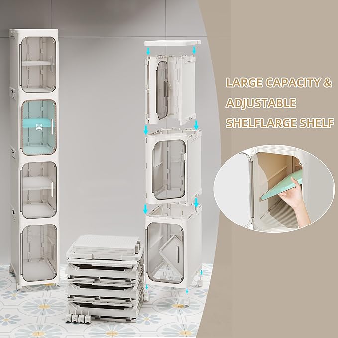 4-Tier Tall Narrow Storage Cabinet, Slim Bathroom Storage Cabinet with Adjustable Shelves and Wheels, Narrow Organizer for Small Space, Bathroom, Kitchen, Laundry, White