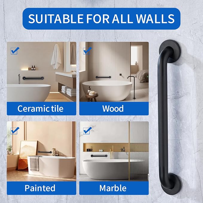Anti-Slip Shower Grab Bar for Seniors Disabled,Bathroom Safety Bars for Wall Mount,High Load Capacity Toilet Grab Bars,Water-Resistant Shower Safety Bars for Elderly (Black Knurled, 12-inch Grab Bar)