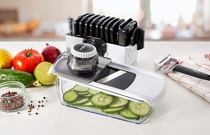 Fullstar Mandoline Slicer for Kitchen, Fruit Cutter, Cheese Grater, Cucumber Slicer, Veggie Spiralizer, Food Cutter & Kitchen Gadgets & Gifts with Safety Glove (11 in 1, White)
