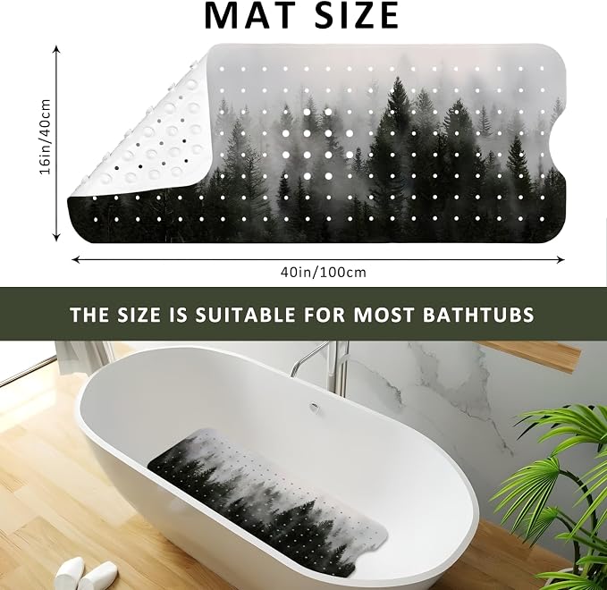 Misty Forest Bathtub Mat Non Slip, Baby Bath Mat for Tub Rubber Tub Mat, Kids Bath Mats for Bathroom Nature Trees Anti Slip Shower Mat with Suction and Drain Holes Machine Washable, 40″X16″