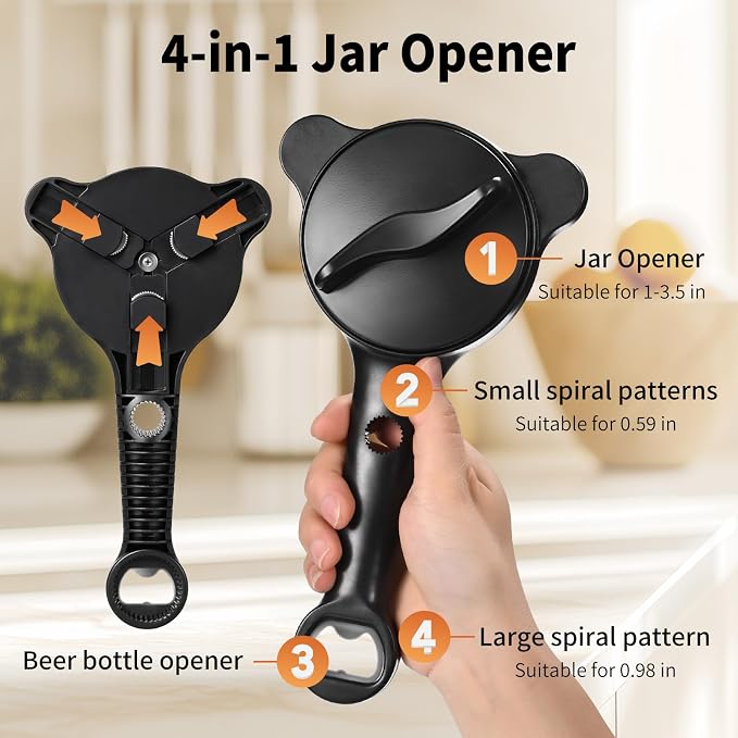 4-in-1 Jar Opener for Seniors with Arthritis – Adjustable Stainless Steel Lid Remover & Can Opener for Weak Hands, Fits All Jar Sizes & Bottle Caps, Makes Opening Easy – Kitchen Must-Have