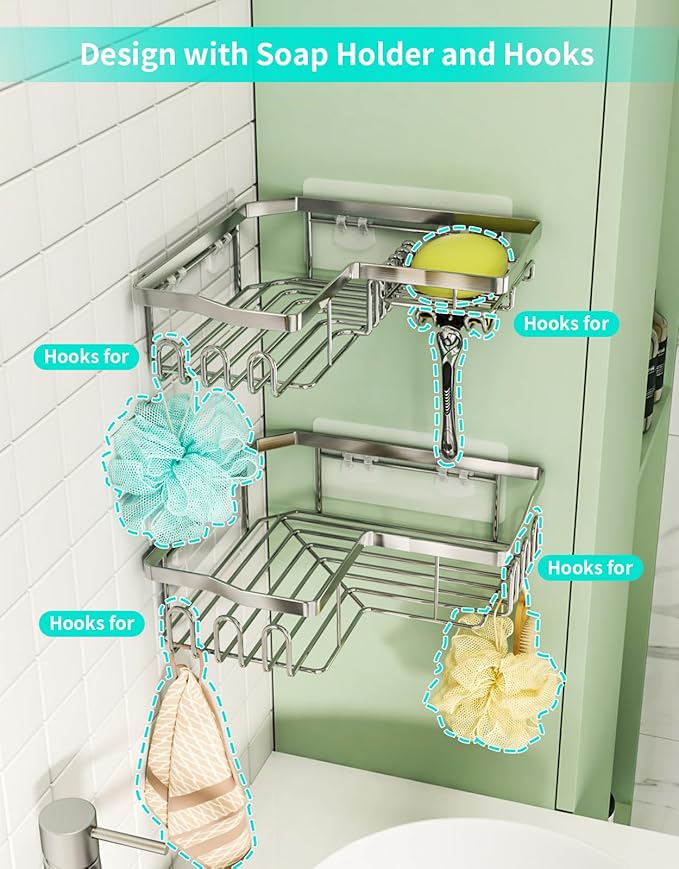 HapiRm Corner Shower Caddy Organizer - Shower Organizer Corner with Shampoo Holder and 11 Hooks, Rustproof Bathroom Shelf for 90° Right Angle - Silver