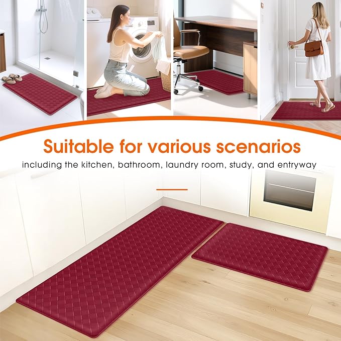 TranquilRelax Kitchen Mats, 2PCS Kitchen Rugs, Cushioned Anti Fatigue Kitchen Mats for Floor, Non-Slip Standing Desk Mat, Waterproof Kitchen Rug Set for Kitchen, Floor, Office,17.3"×30"+17.3"×47",Red