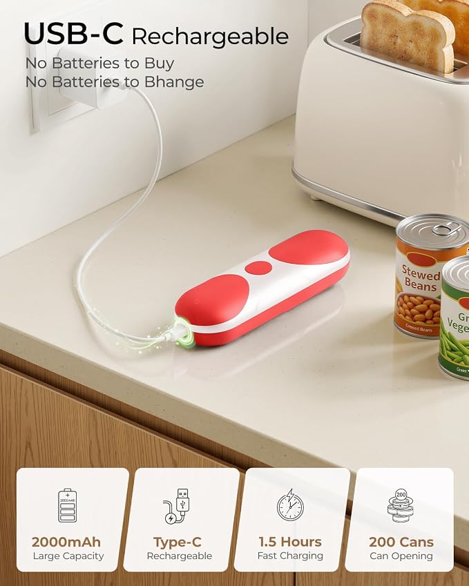 Electric Can Opener, One-Touch Automatic Can Opener, USB Rechargeable Electric Can Opener for Seniors with Arthritis- Cordless Battery Powered, Side Cut, Smooth Edge, Handsfree, for Any Size Cans