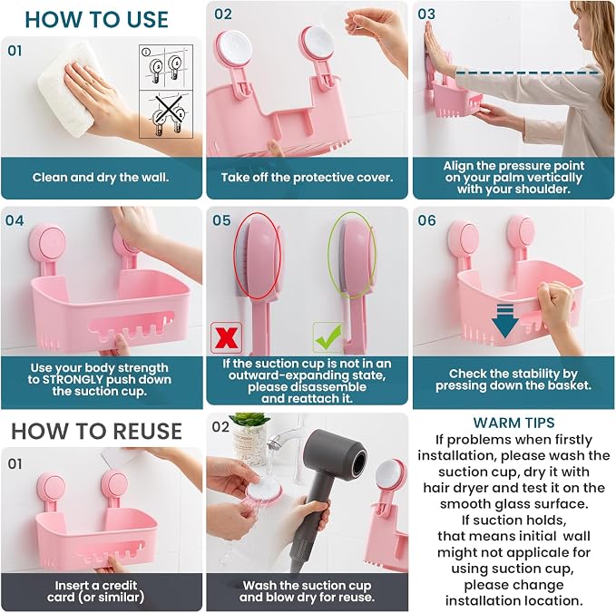 TAILI Shower Caddy Suction Cup, Heavy Duty Bathroom Organizer, Removable Shelves for Inside Shower, Shampoo, Waterproof Suction Plastic Storage for Bathroom Accessories Holder, Pink