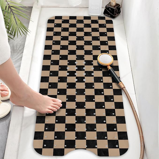 Bathtub Mat Non Slip, Checkered Extra Long Bath tub Mat Shower Floor Mat with Suction Cups and Drain Holes for Adults Kids Elderly 40 X 16 Inch